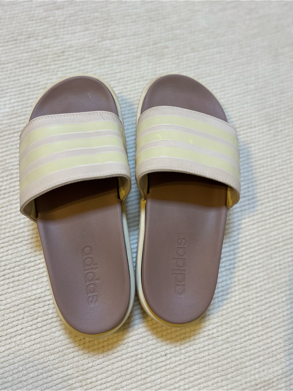 adidas Women’s Slide Sandals in Mauve and Cream with Pale Yellow Stripes